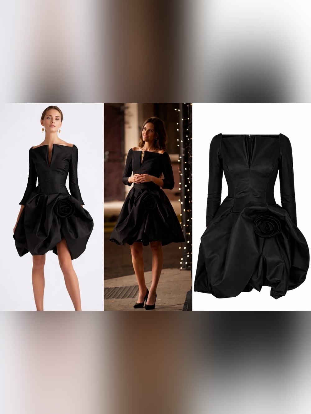 $4,800 OSCAR DE LA RENTA BLACK SILK BLACK LINED VOLUMIN ROSE RUNWAY DRESS US 8 - Picture 13 of 16